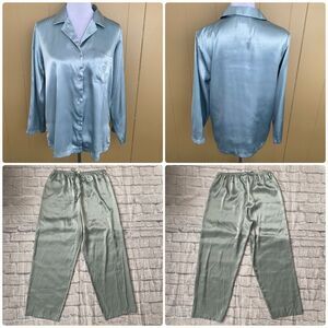 Jones New York women L satin Longsleeve pants pajama set green